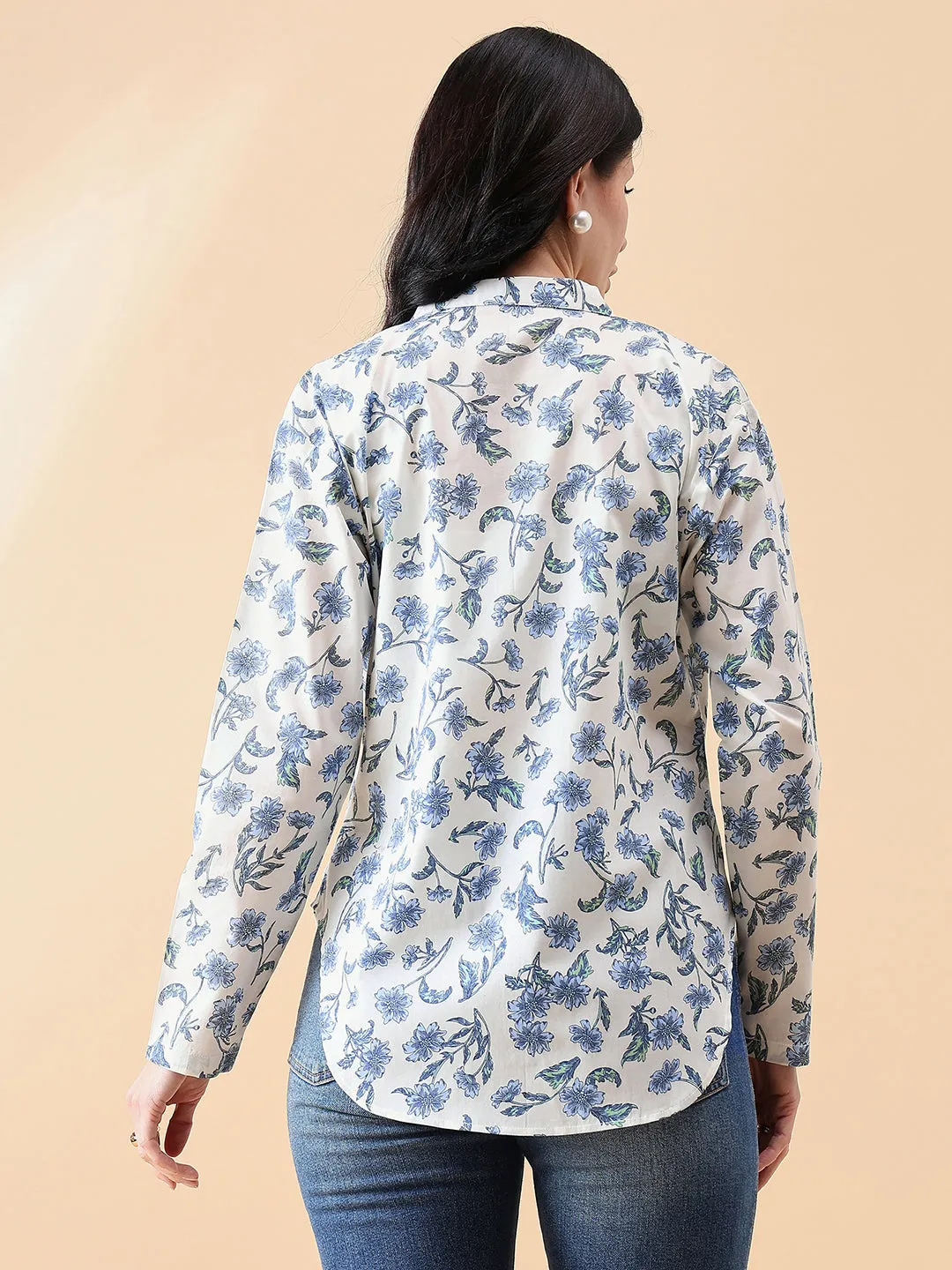 White & Blue Cotton Front Open Cambric Printed Jacket