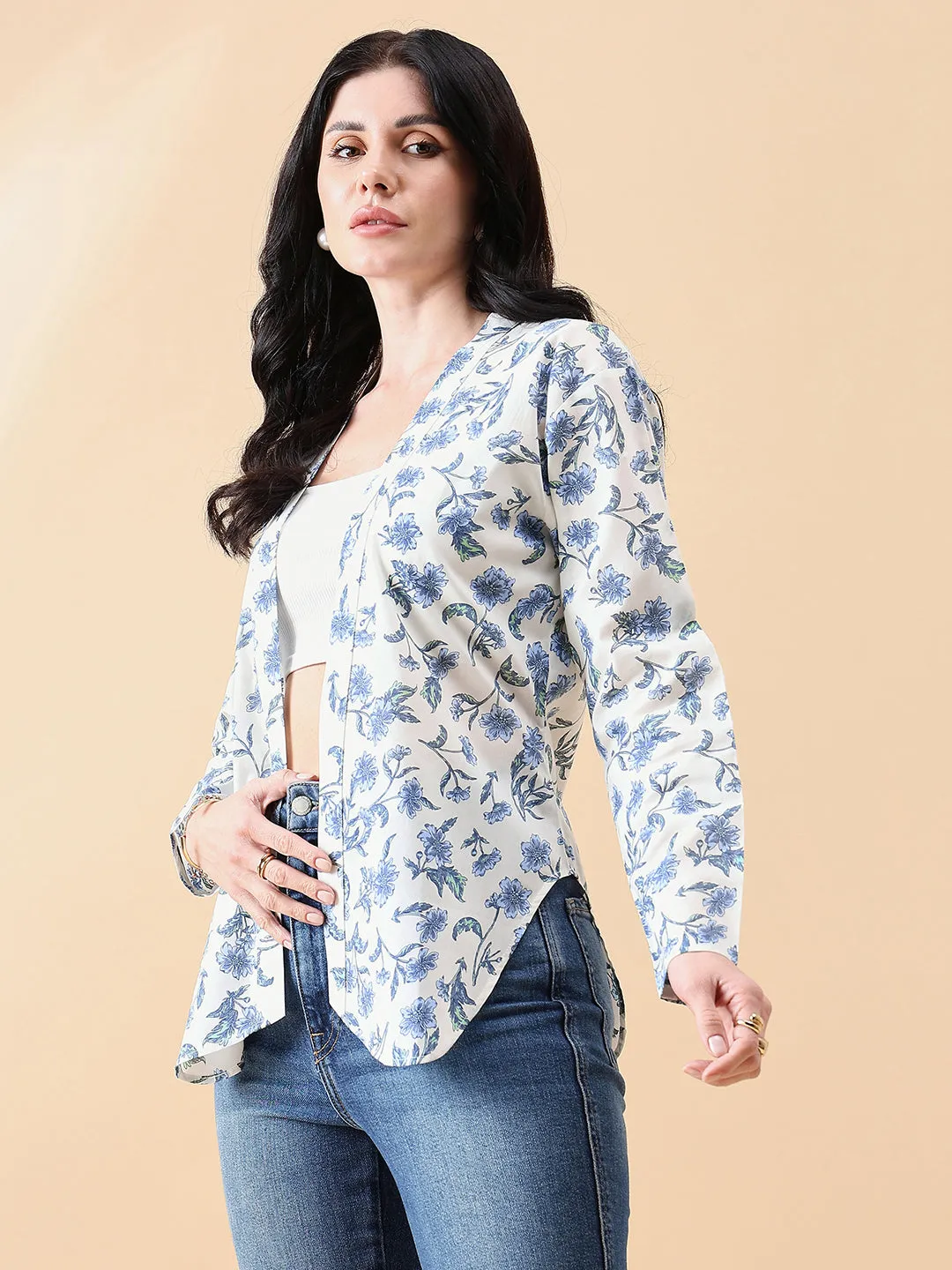 White & Blue Cotton Front Open Cambric Printed Jacket