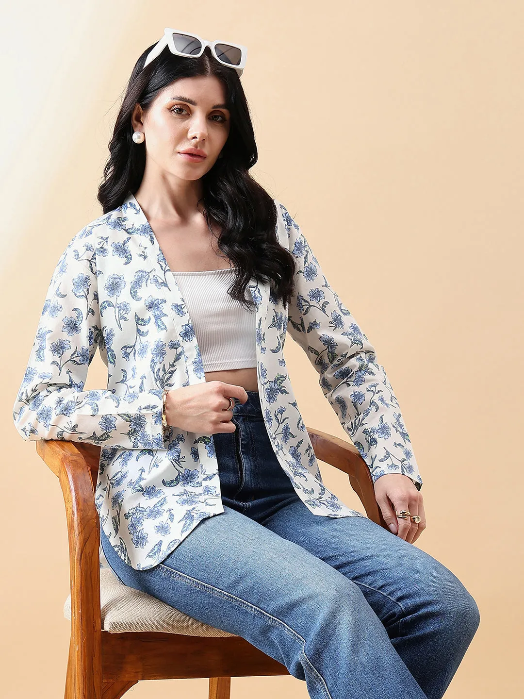White & Blue Cotton Front Open Cambric Printed Jacket