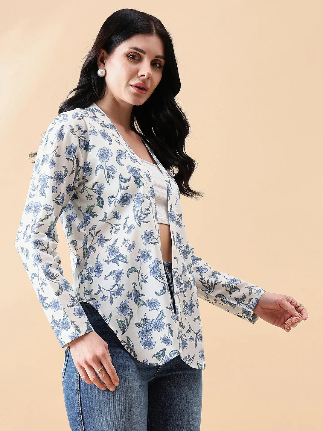 White & Blue Cotton Front Open Cambric Printed Jacket