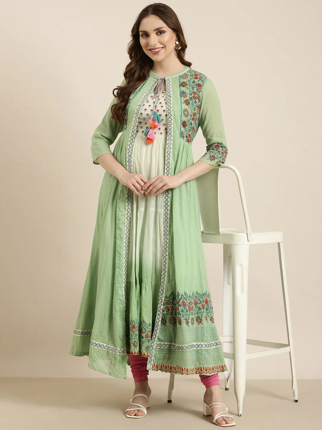 Women Anarkali Green Floral Kurta Comes With Overcoat