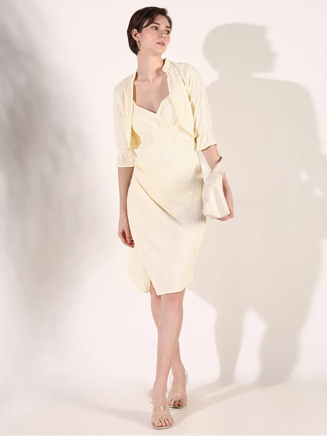 Women Cream A-Line Dress With Overcoat