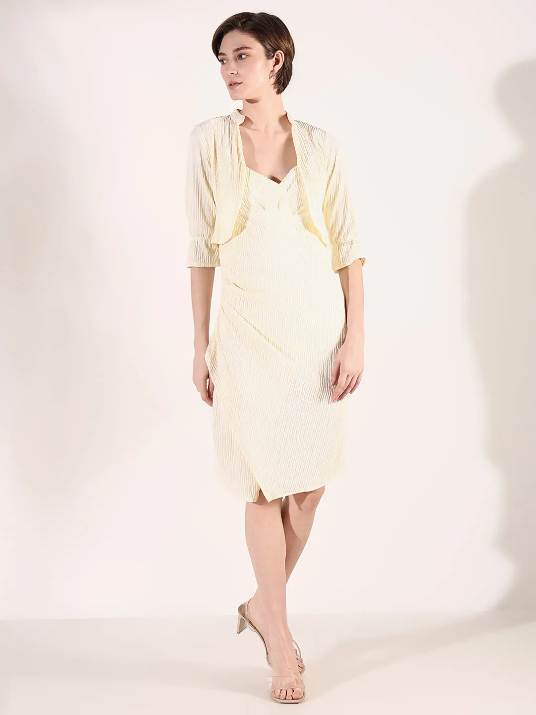 Women Cream A-Line Dress With Overcoat