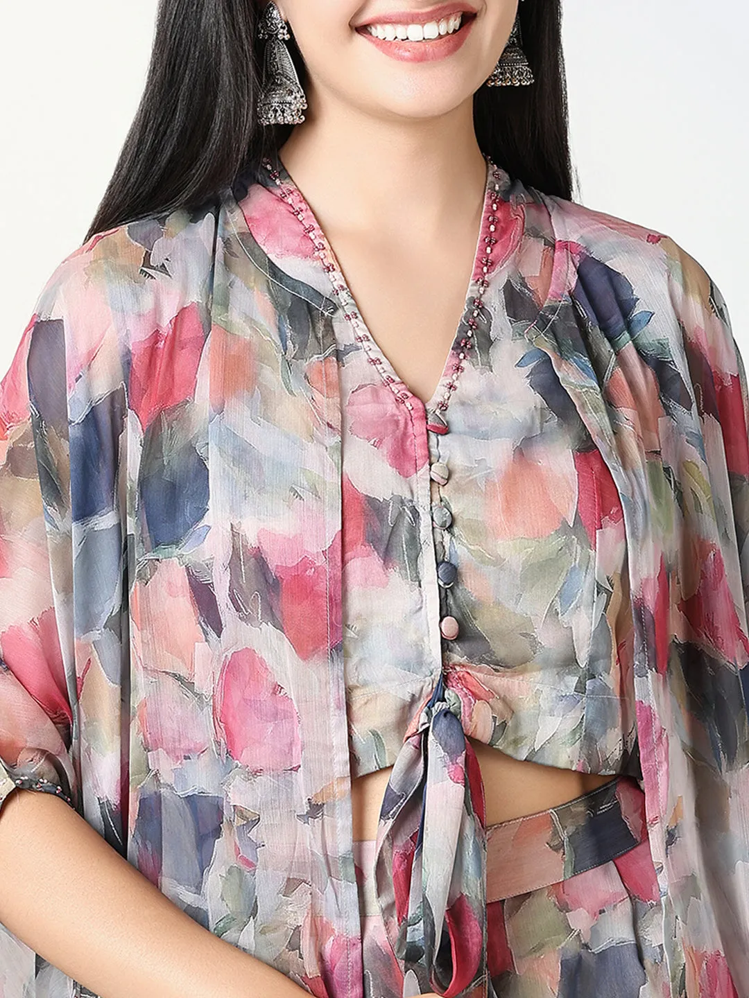 Women Grey & Red Floral Printed Kurta Set with Overcoat