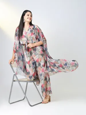 Women Grey & Red Floral Printed Kurta Set with Overcoat