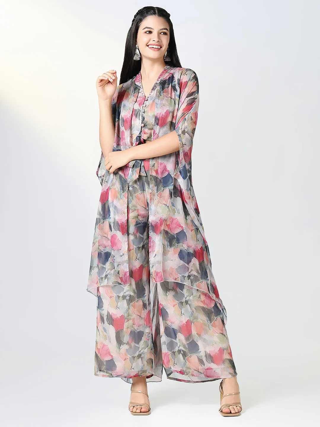 Women Grey & Red Floral Printed Kurta Set with Overcoat