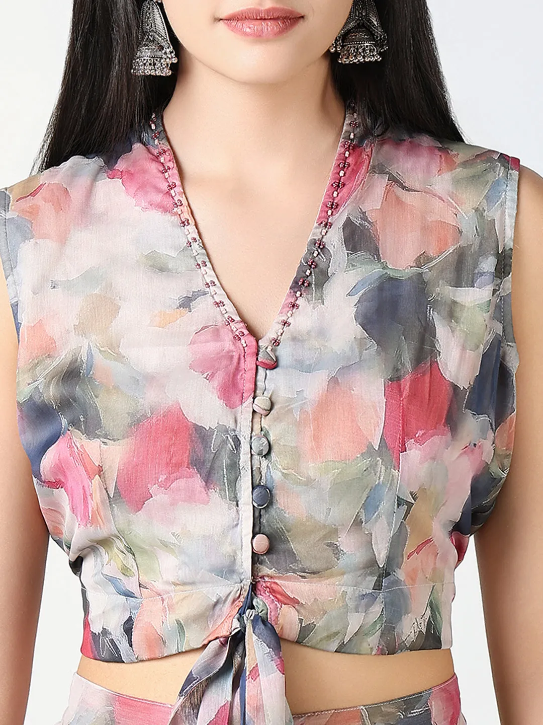 Women Grey & Red Floral Printed Kurta Set with Overcoat