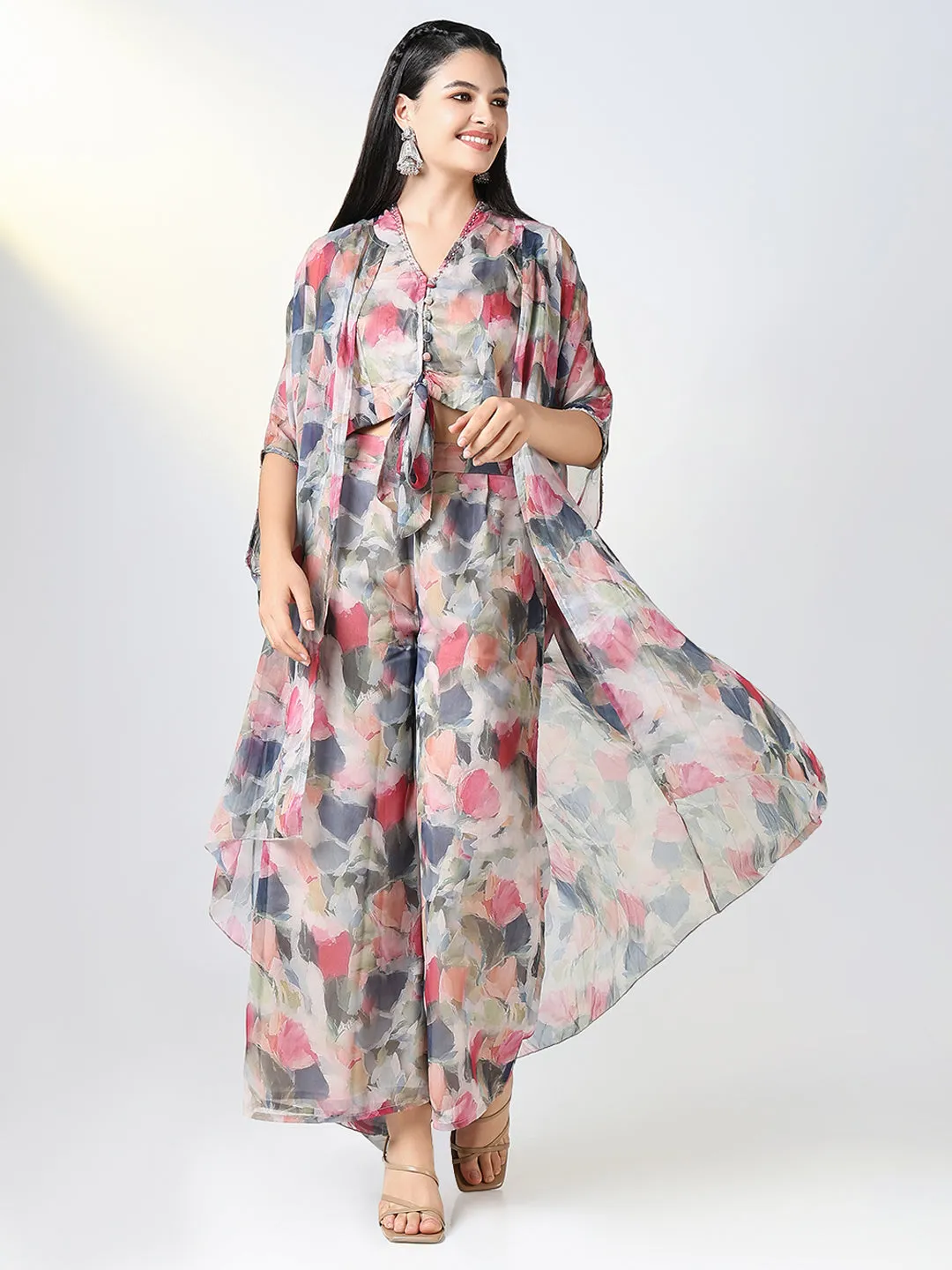 Women Grey & Red Floral Printed Kurta Set with Overcoat