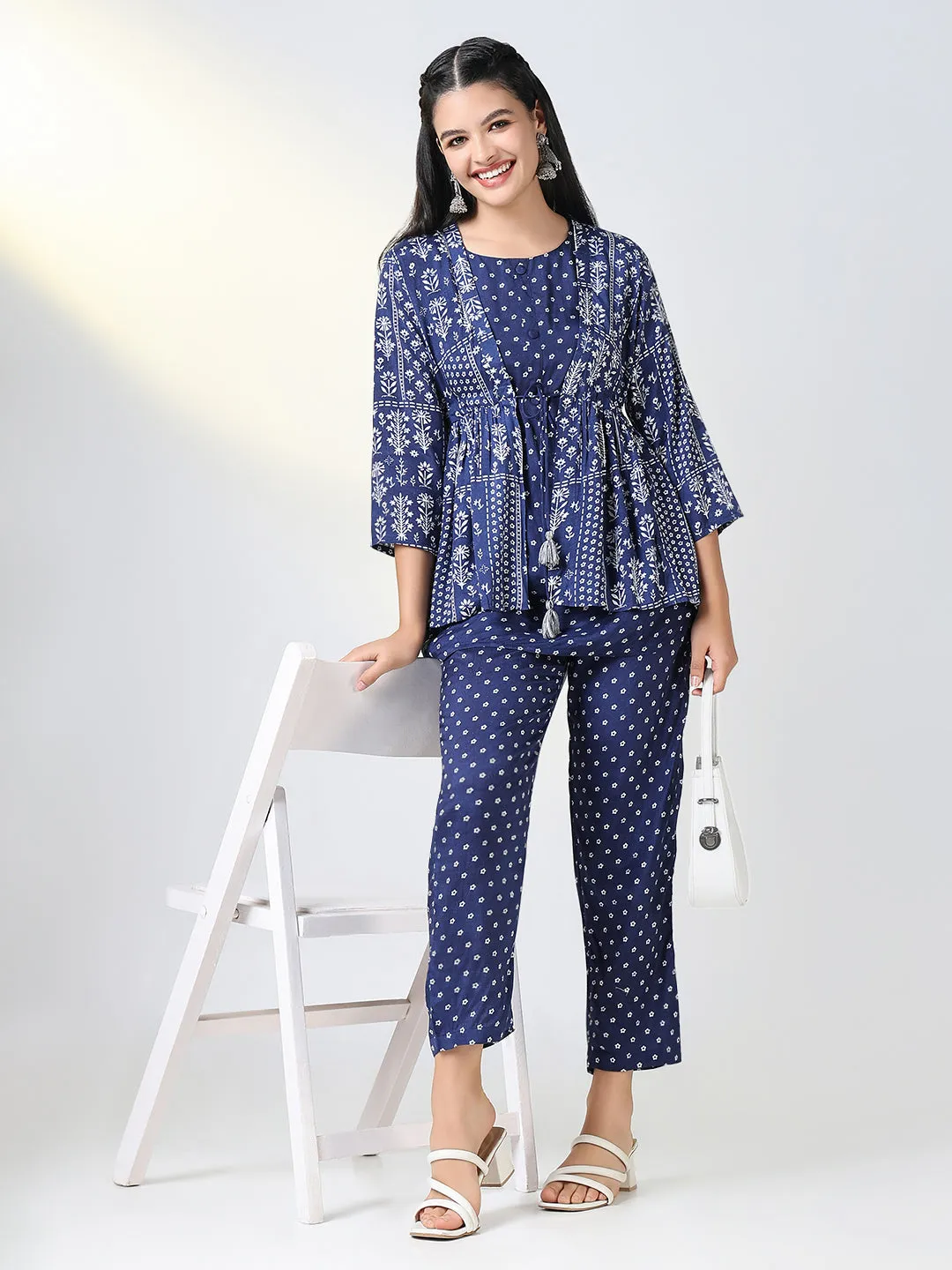 Women Navy Blue Printed Kurta Set with Overcoat