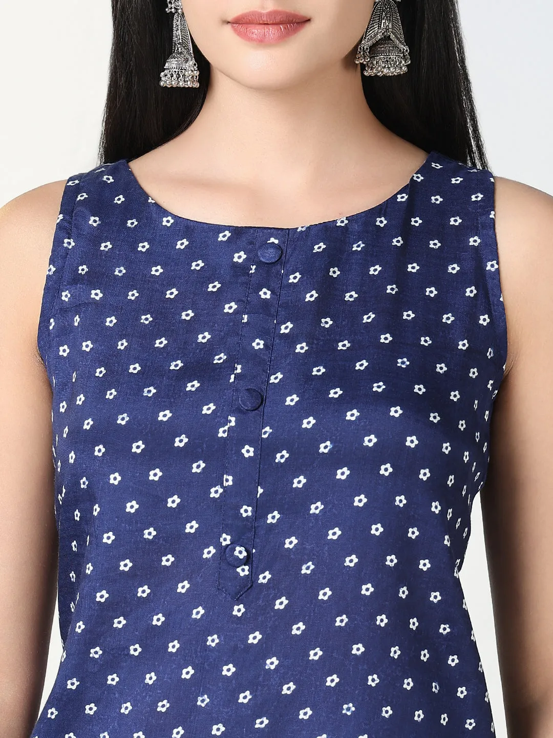 Women Navy Blue Printed Kurta Set with Overcoat