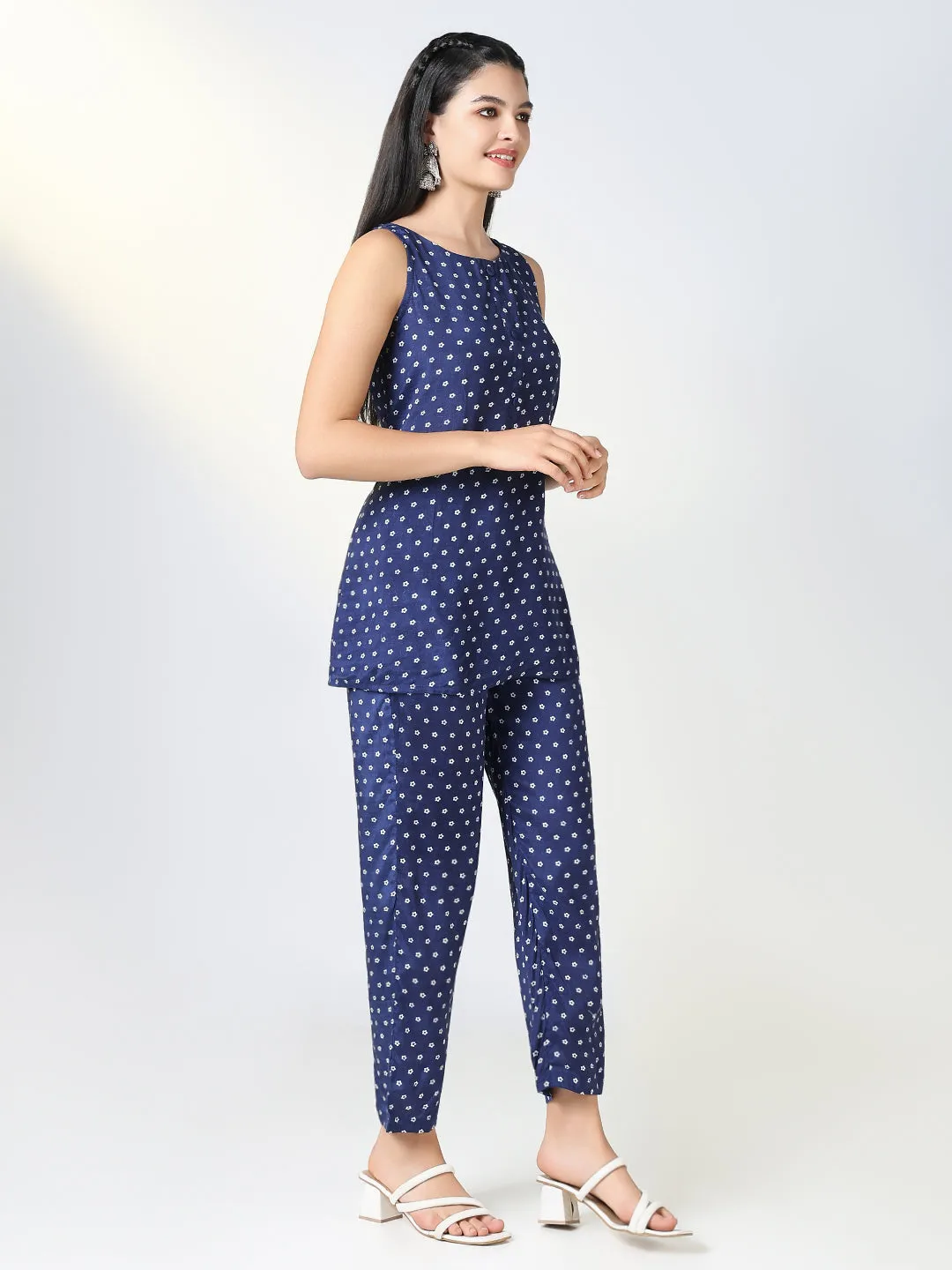 Women Navy Blue Printed Kurta Set with Overcoat
