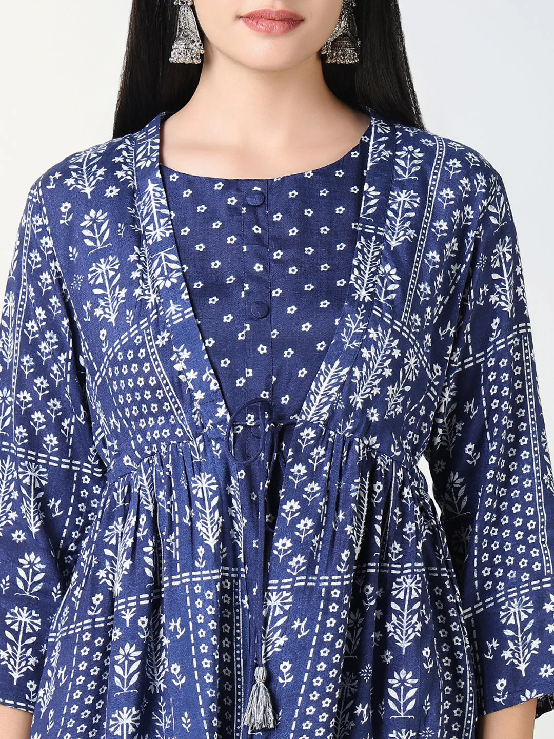 Women Navy Blue Printed Kurta Set with Overcoat