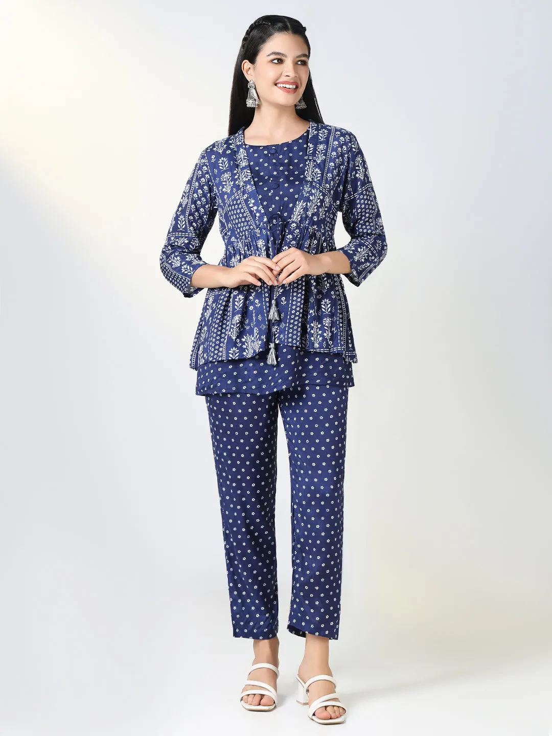 Women Navy Blue Printed Kurta Set with Overcoat