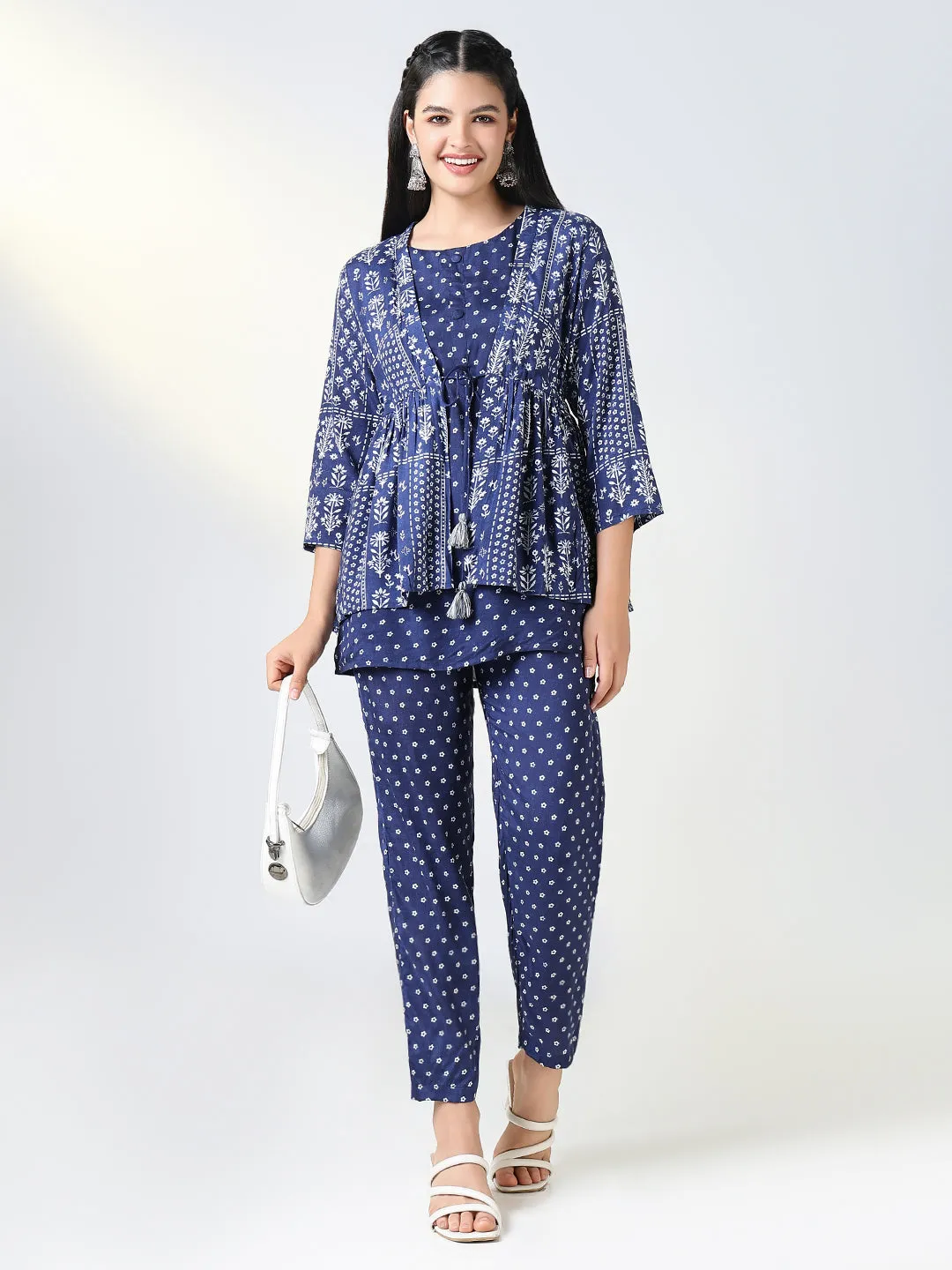 Women Navy Blue Printed Kurta Set with Overcoat