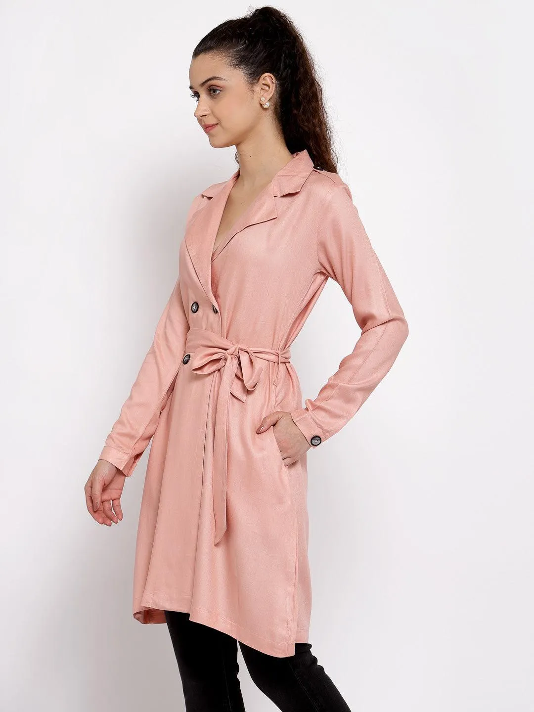 Women Nude Solid Longline Belted Waist Jacket