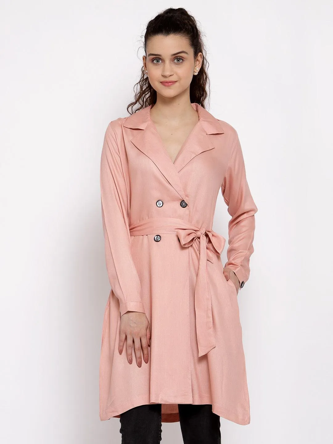 Women Nude Solid Longline Belted Waist Jacket