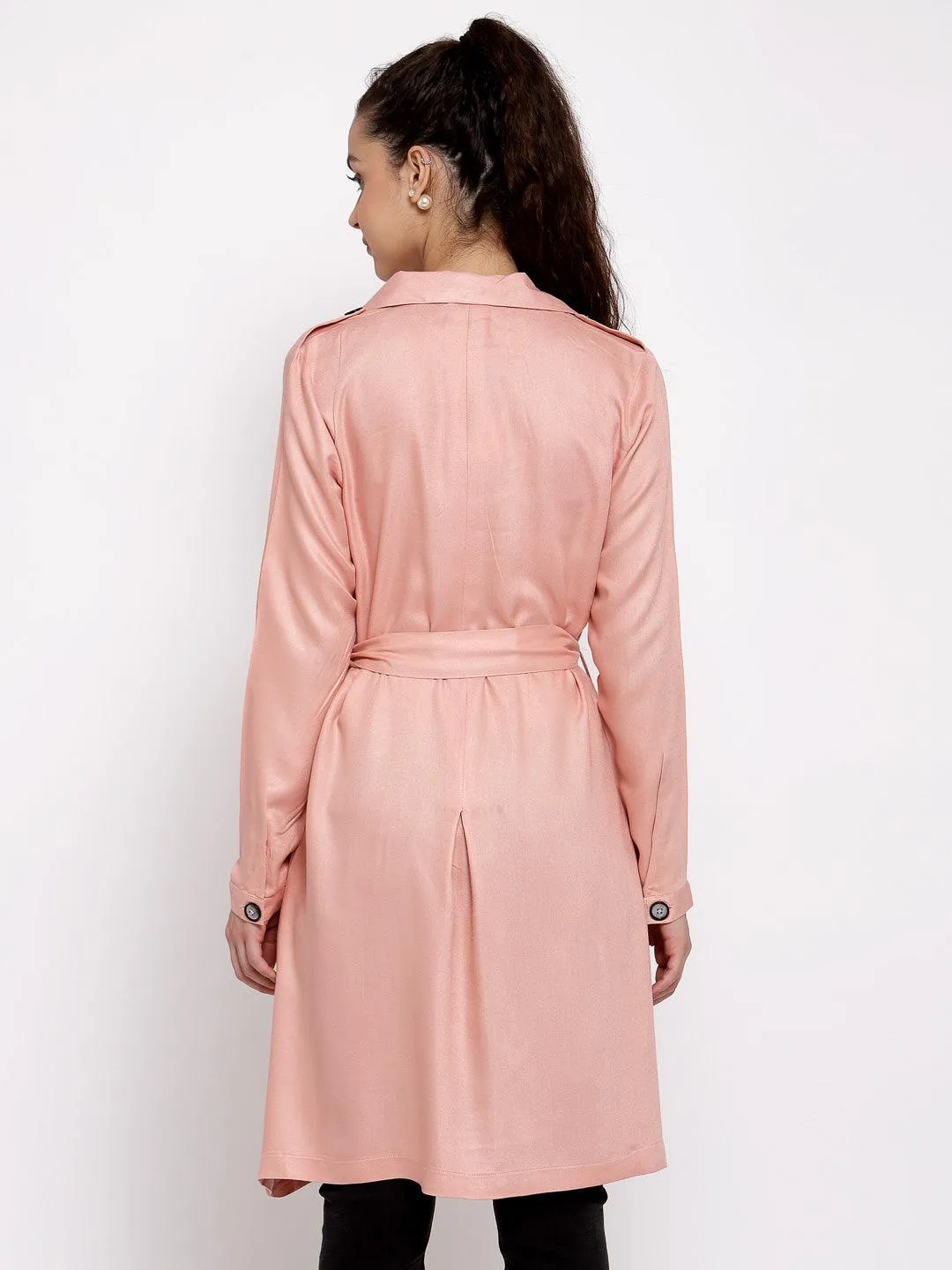 Women Nude Solid Longline Belted Waist Jacket