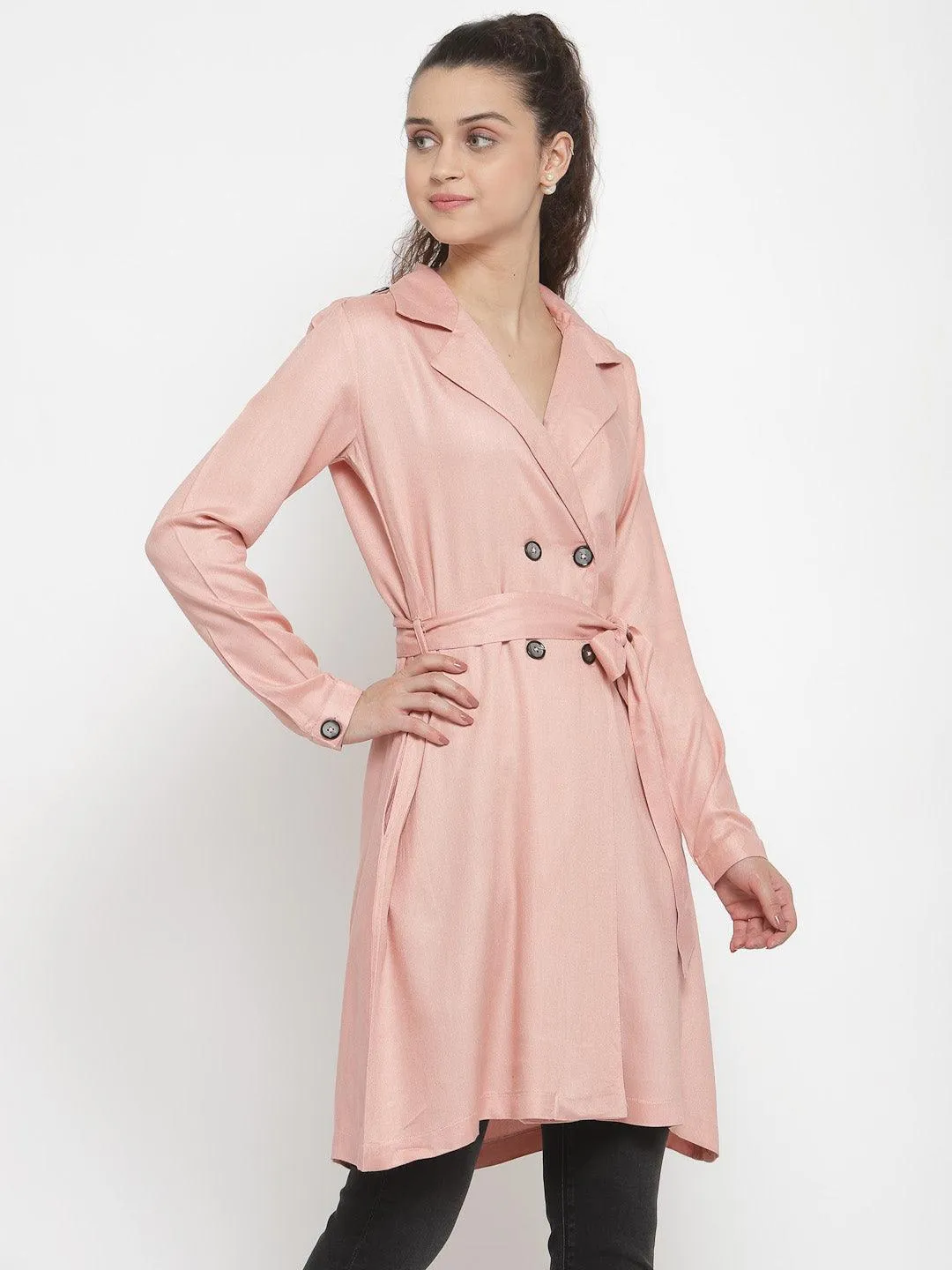 Women Nude Solid Longline Belted Waist Jacket