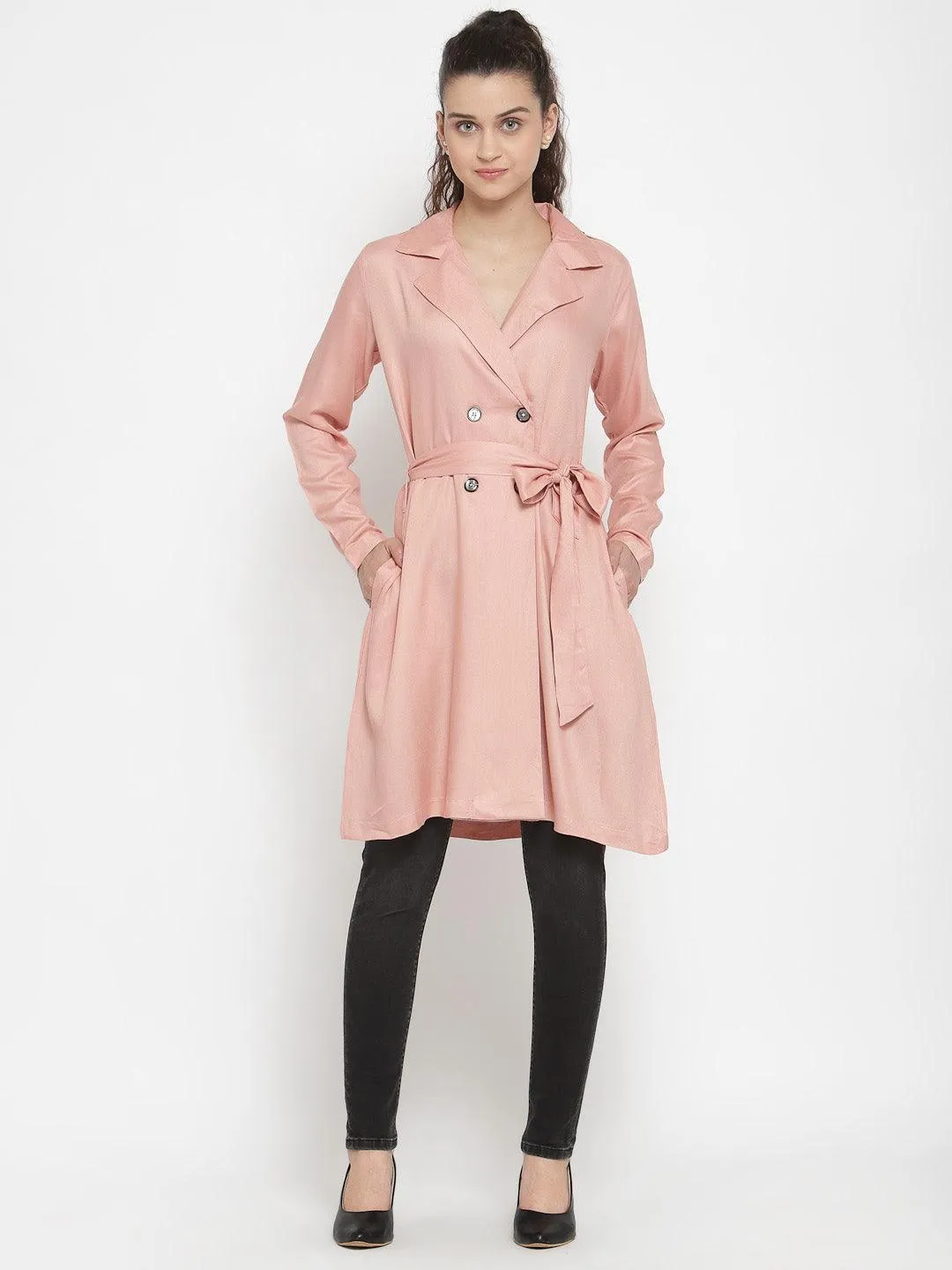 Women Nude Solid Longline Belted Waist Jacket