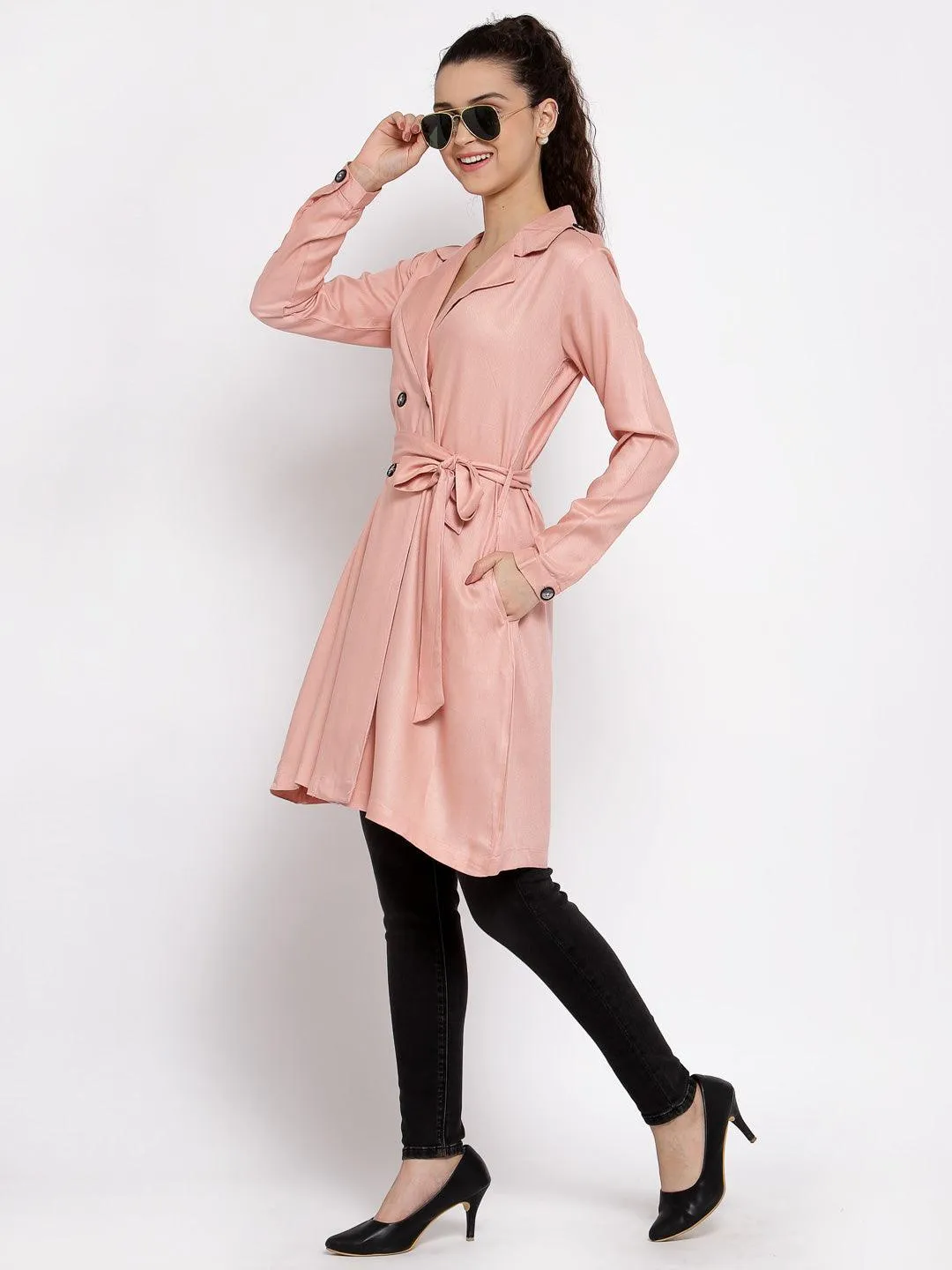 Women Nude Solid Longline Belted Waist Jacket