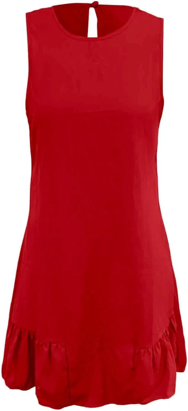 Women Summer Tank Dresses Round Neck Sleeveless T Shirt Dress A-Line Ruffle Hem Mini Dress Beach Vacation Sundresses