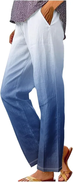 Women's Casual Boho Floral Print Stripe Cotton Linen Pants Elastic Waisted Drawstring Summer Spring Beach Baggy Capri