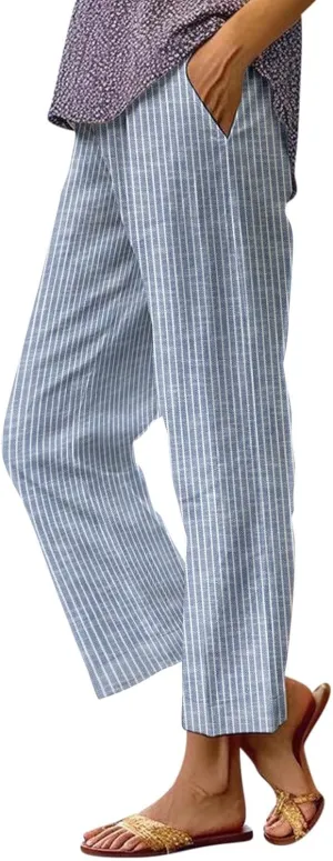 Women's Casual Boho Floral Print Stripe Cotton Linen Pants Elastic Waisted Drawstring Summer Spring Beach Baggy Capri