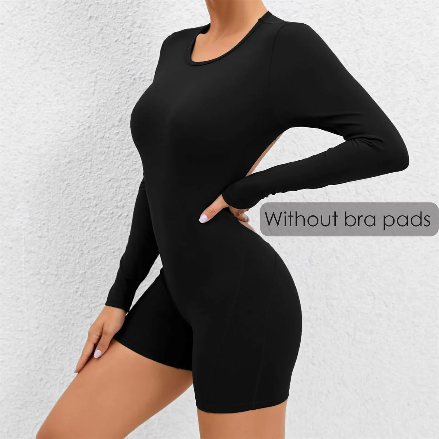 Women's Crew Neck Yoga Athletic Jumpsuit One Piece Backless Sport Rompers Back Cutout Long Sleeve Workout Gym Bodysuit