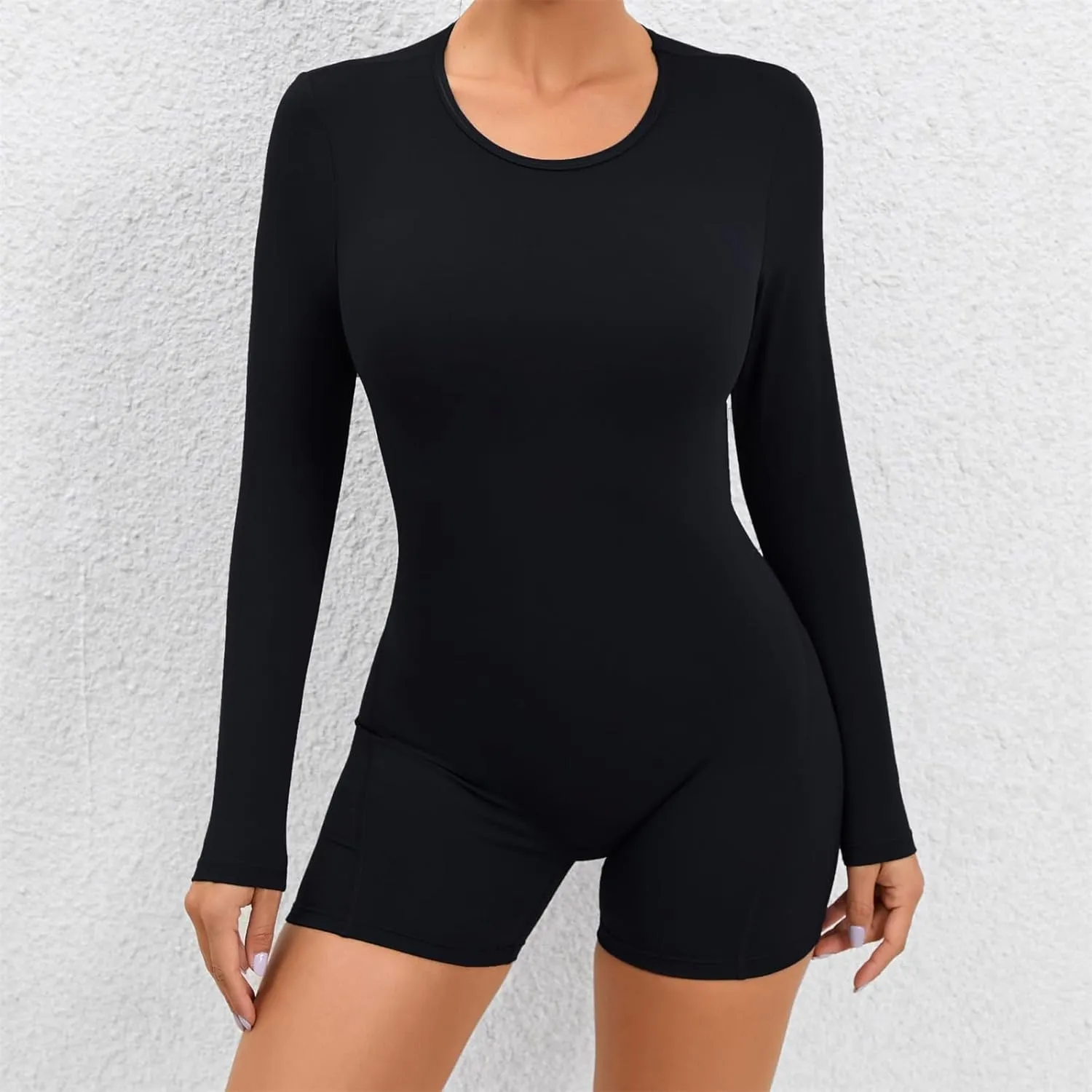 Women's Crew Neck Yoga Athletic Jumpsuit One Piece Backless Sport Rompers Back Cutout Long Sleeve Workout Gym Bodysuit