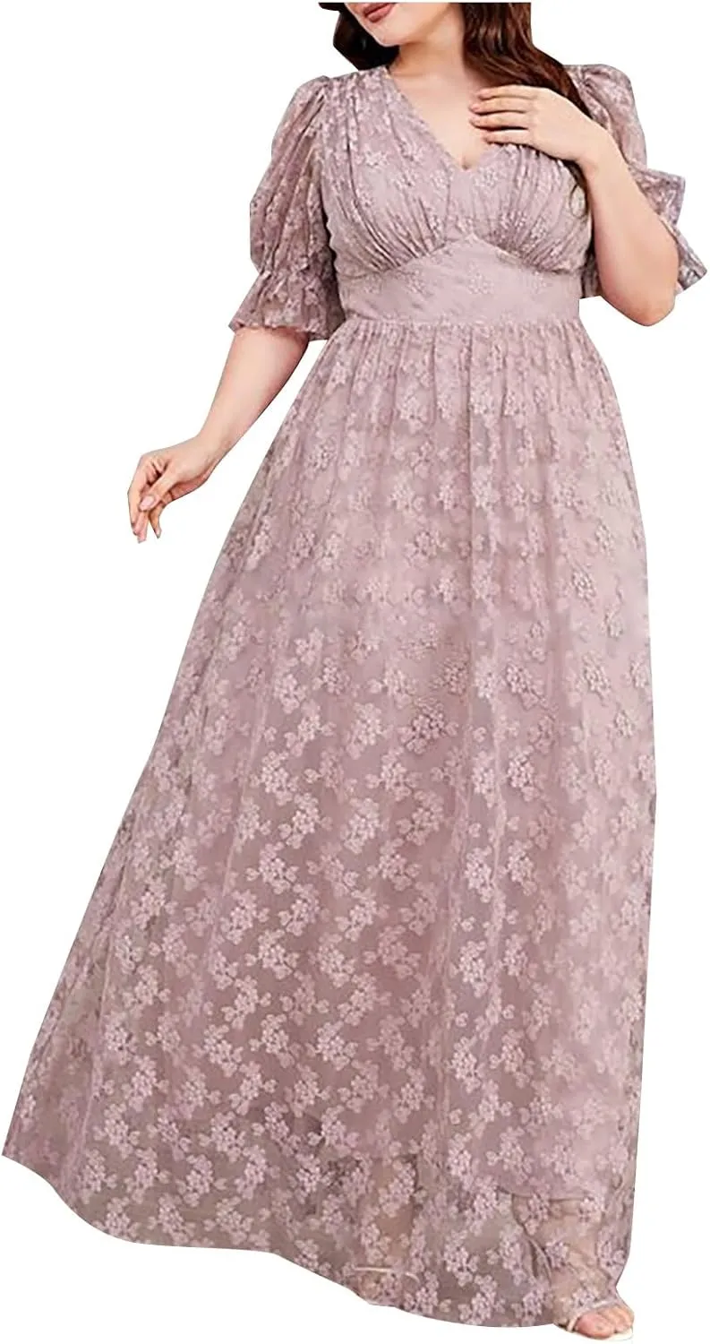 Womens Plus Size Wedding Guest Dress Formal Floral Lace Cocktail Party Maxi Dresses Chiffon Mother of The Bride Dress