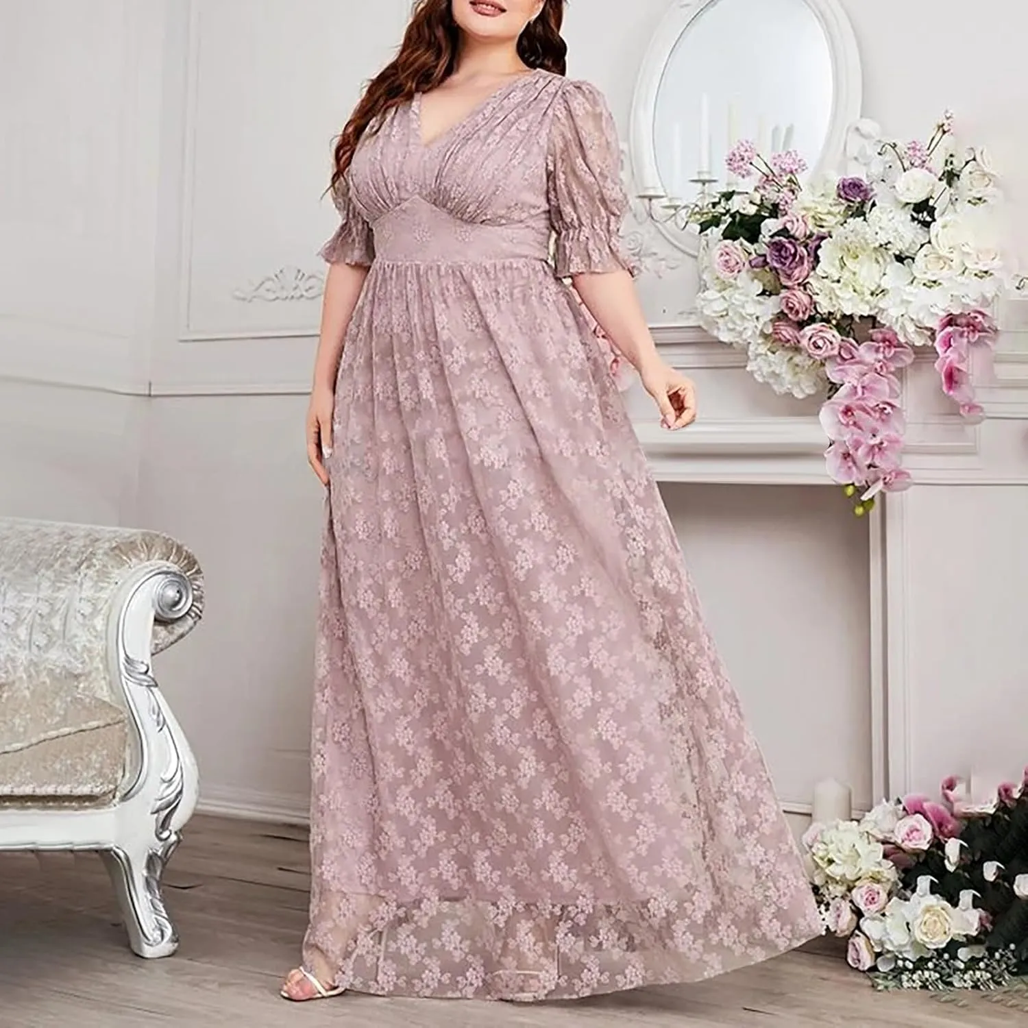 Womens Plus Size Wedding Guest Dress Formal Floral Lace Cocktail Party Maxi Dresses Chiffon Mother of The Bride Dress
