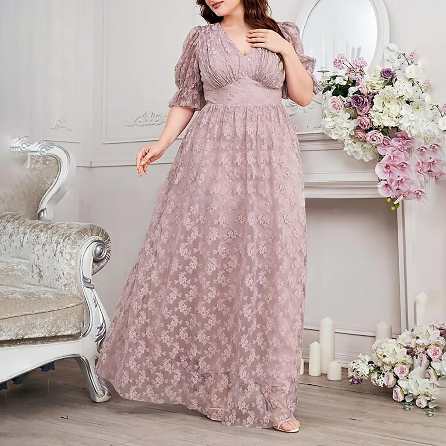 Womens Plus Size Wedding Guest Dress Formal Floral Lace Cocktail Party Maxi Dresses Chiffon Mother of The Bride Dress