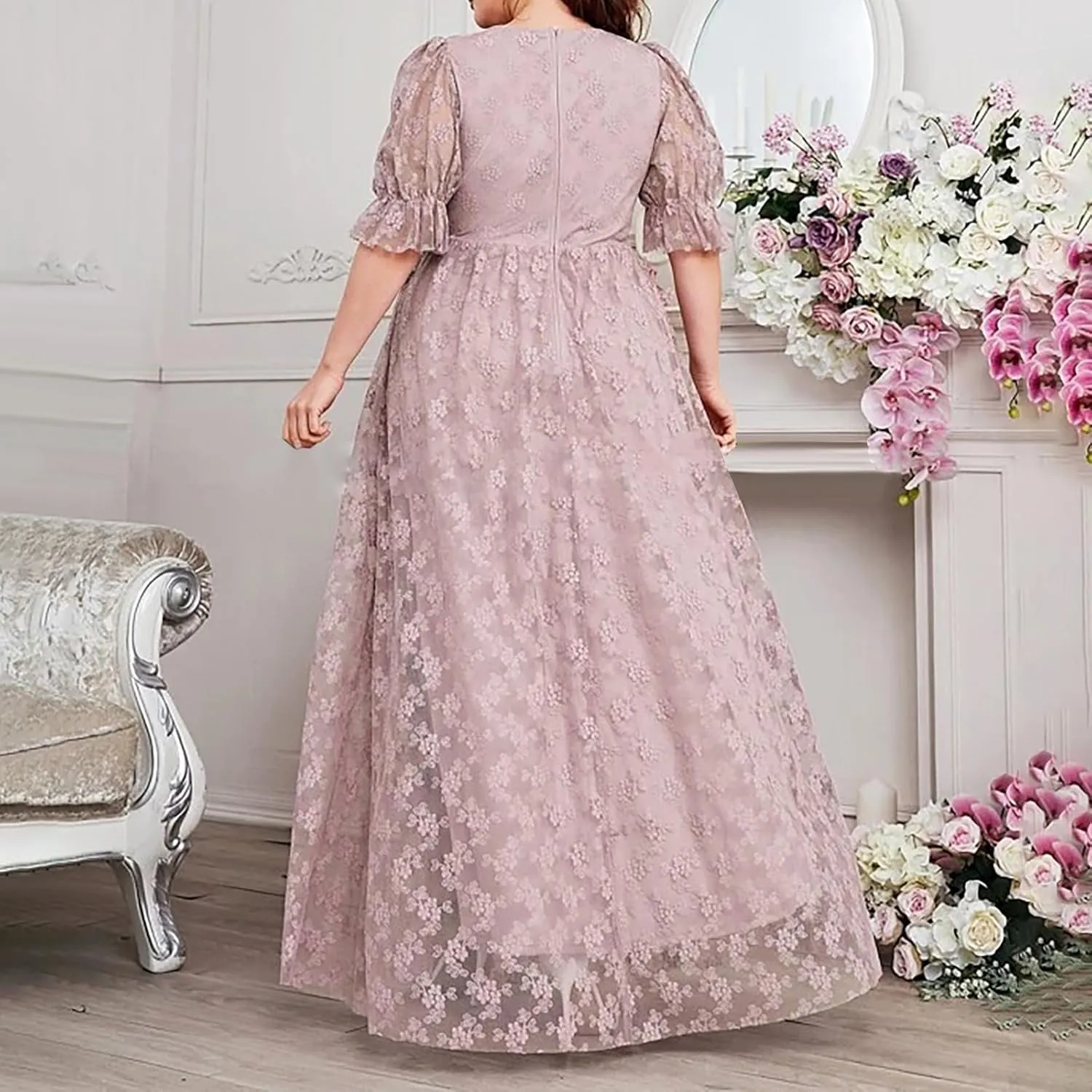 Womens Plus Size Wedding Guest Dress Formal Floral Lace Cocktail Party Maxi Dresses Chiffon Mother of The Bride Dress