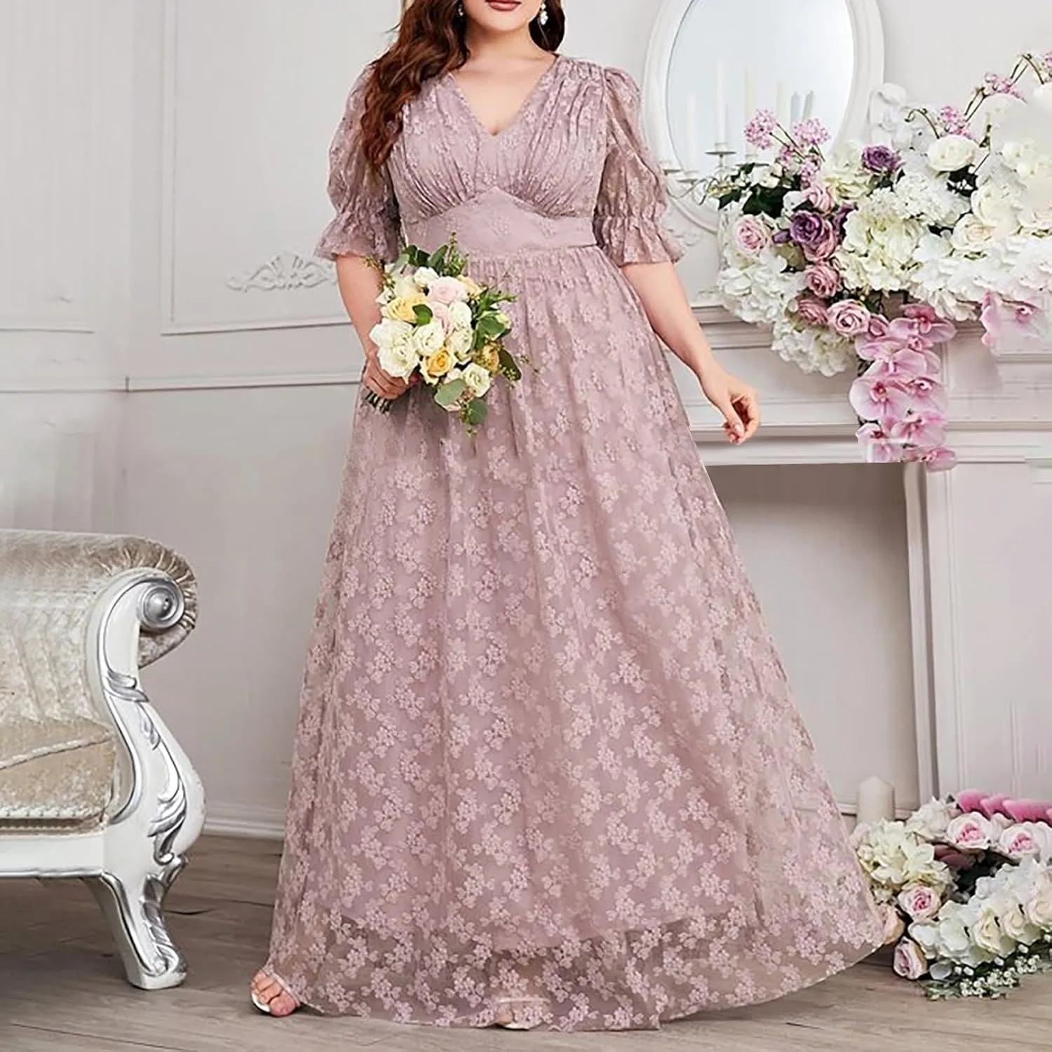 Womens Plus Size Wedding Guest Dress Formal Floral Lace Cocktail Party Maxi Dresses Chiffon Mother of The Bride Dress