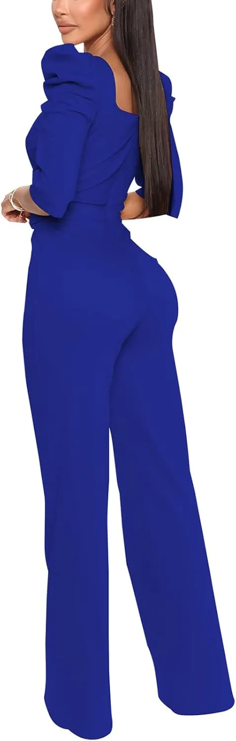 ZonJie Sexy Jumpsuits for Women Summer Plus Size Short Sleeve Party Rompers Dressy Club Wide Leg Long Pants