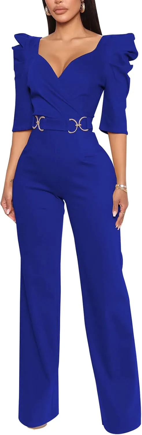 ZonJie Sexy Jumpsuits for Women Summer Plus Size Short Sleeve Party Rompers Dressy Club Wide Leg Long Pants